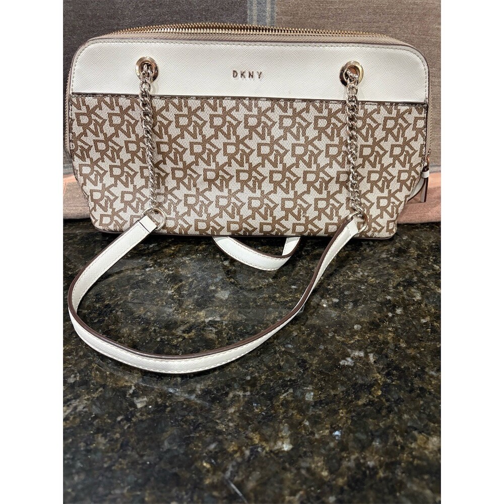 DKNY Bryant Park Monogram Satchel Shoulder Bag Tan White Silver Chain - Picture 2 of 9